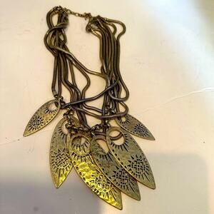 Lucky Brand Tribal Bib Statement Necklace Goldtone Chunky Boho tone Gold Leaf